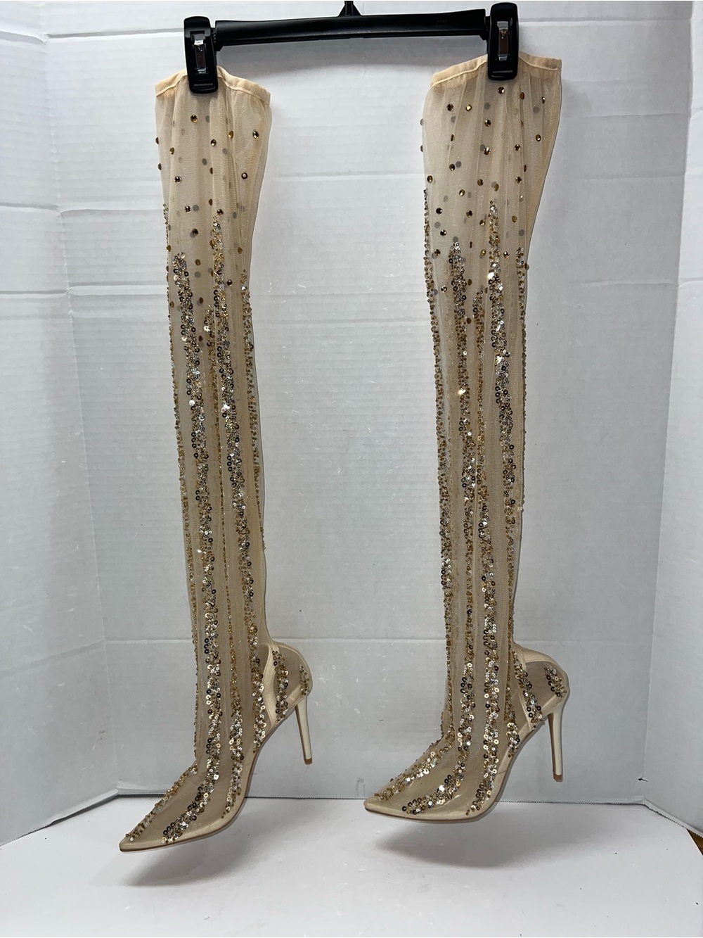 Cape Robbin Nude Sequin Over-the-Knee Stiletto Boots Bling Sparkle Bride Party